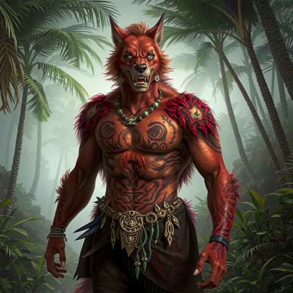 A visible face tattooed on the chest of a fierce red anthrop...