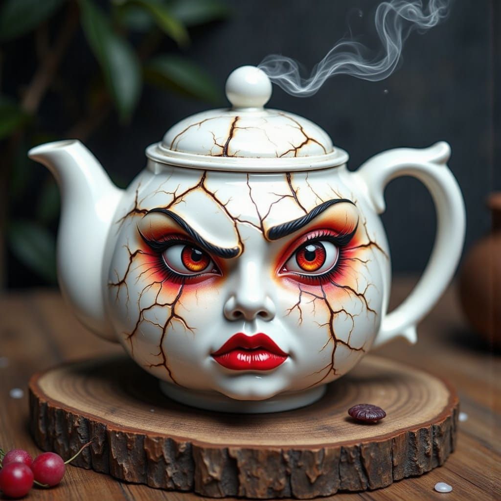 Angry White Teapot with Cracked Lid and Steam