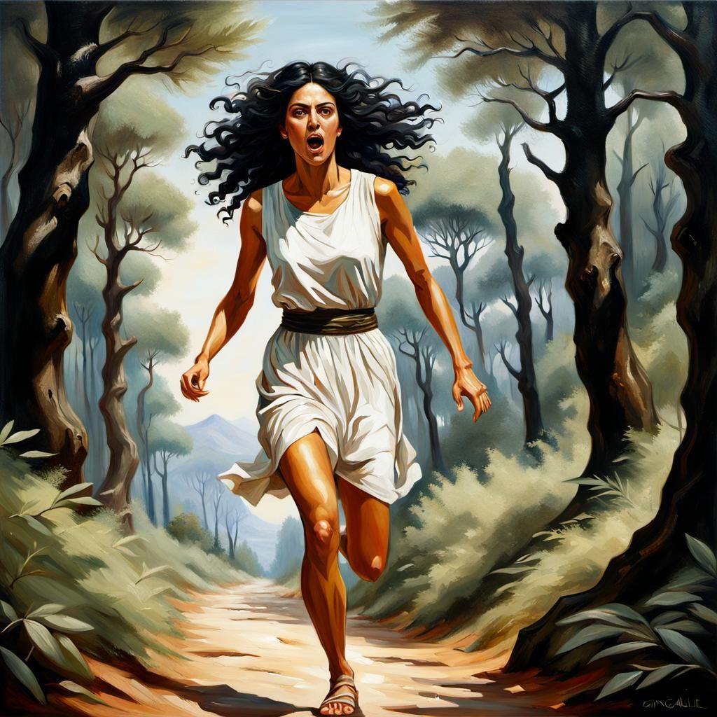 Scared Woman Running in Forest, D'Achille Style Oil Painting