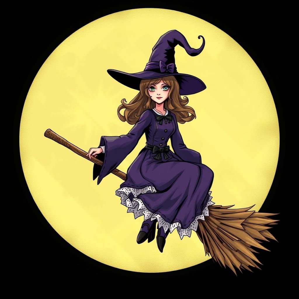Elegant Witch on Flying Broom
