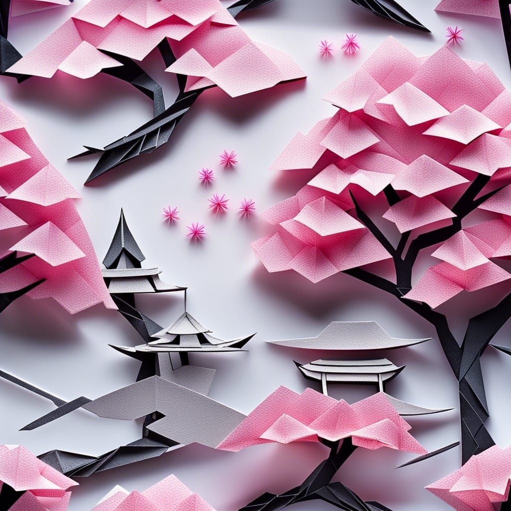 Origami Cherry Blossom Tree in Japanese Garden