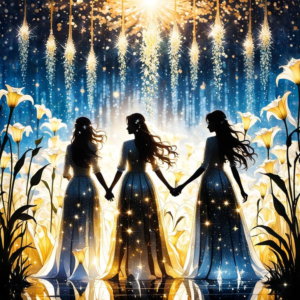 Girls in Crystalline Lily Field at Sunrise