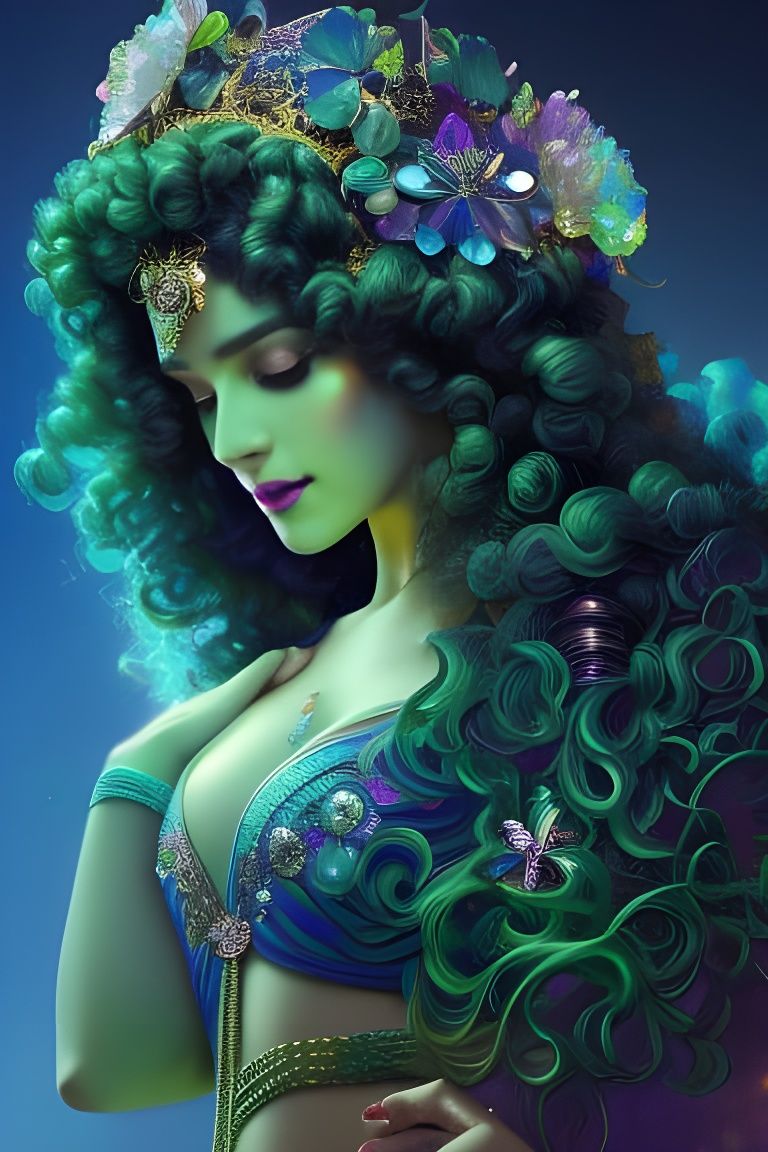 Neon Queen Portrait with Crystals and Glitter Flowers