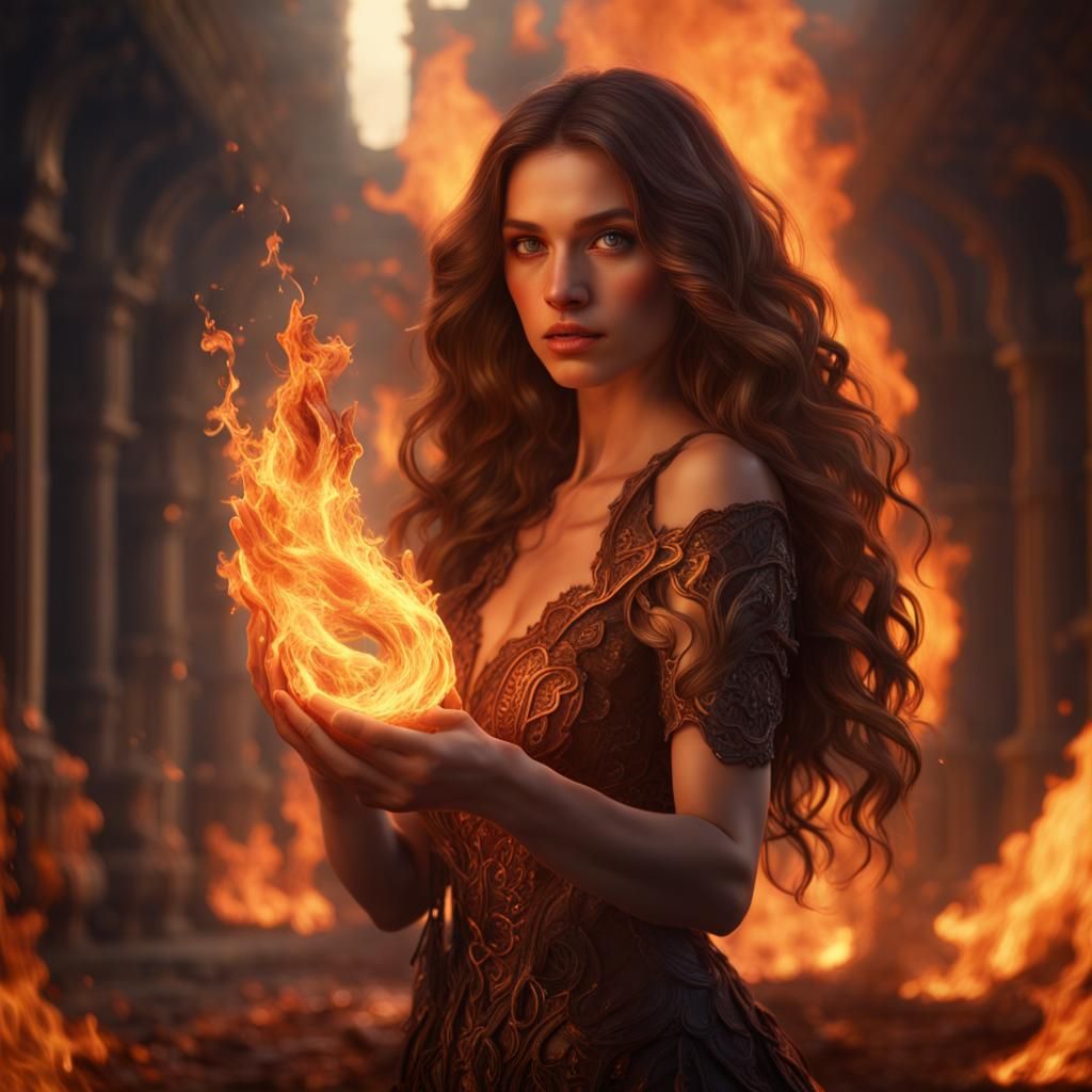 Fiery Girl Holding a Flame: Fantasy Concept Art