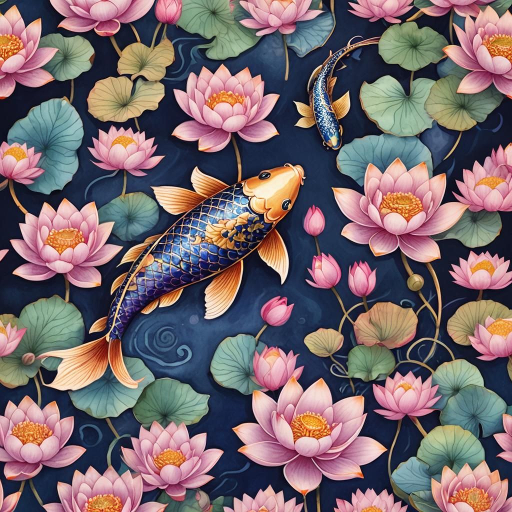 Koi Fish and Lotus Flowers in Watercolor Style
