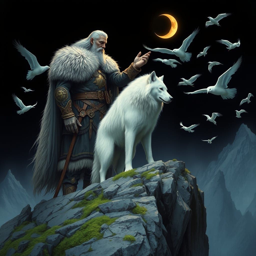 Scandinavian Warrior in Fierce Devotion to White Wolf, under...