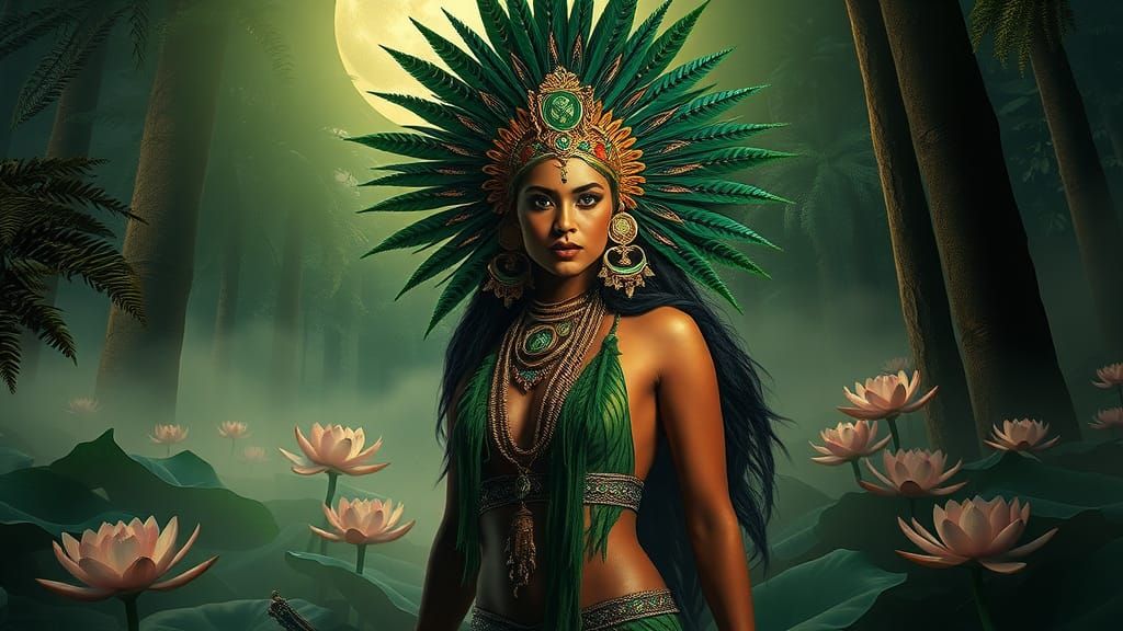 Amazon Goddess in Moonlit Rainforest, Hyperrealistic Style