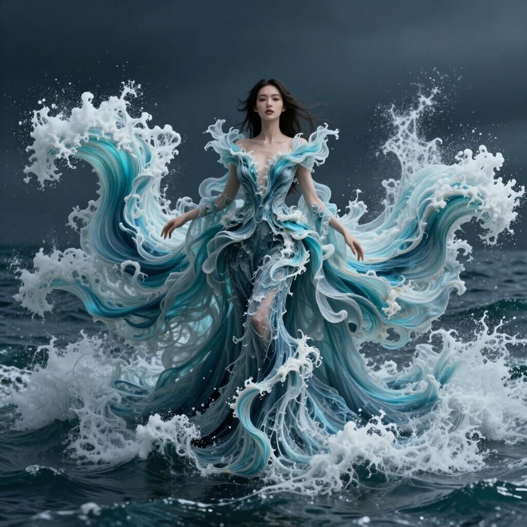 Surreal Woman in Ocean Wave Gown