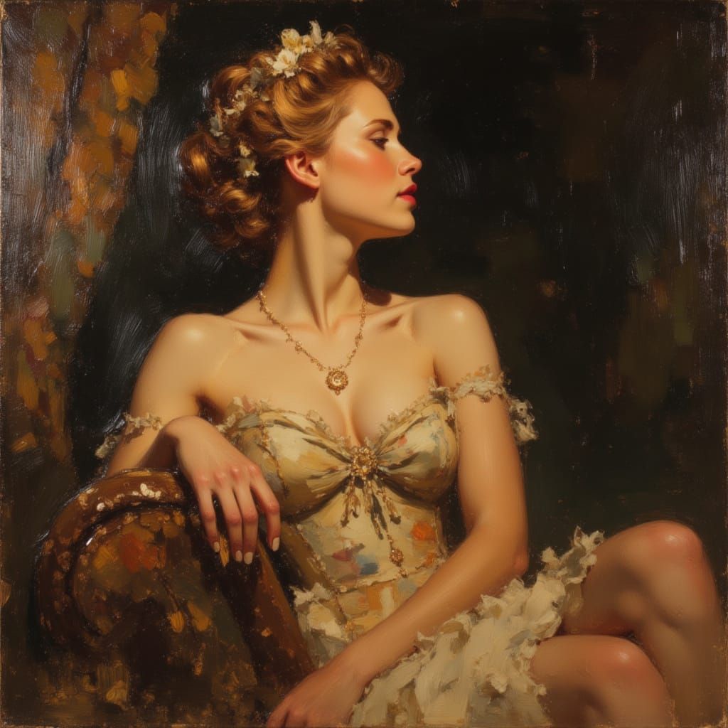 Grand Duchess in Thoughtful Pose, Oil Impasto Painting