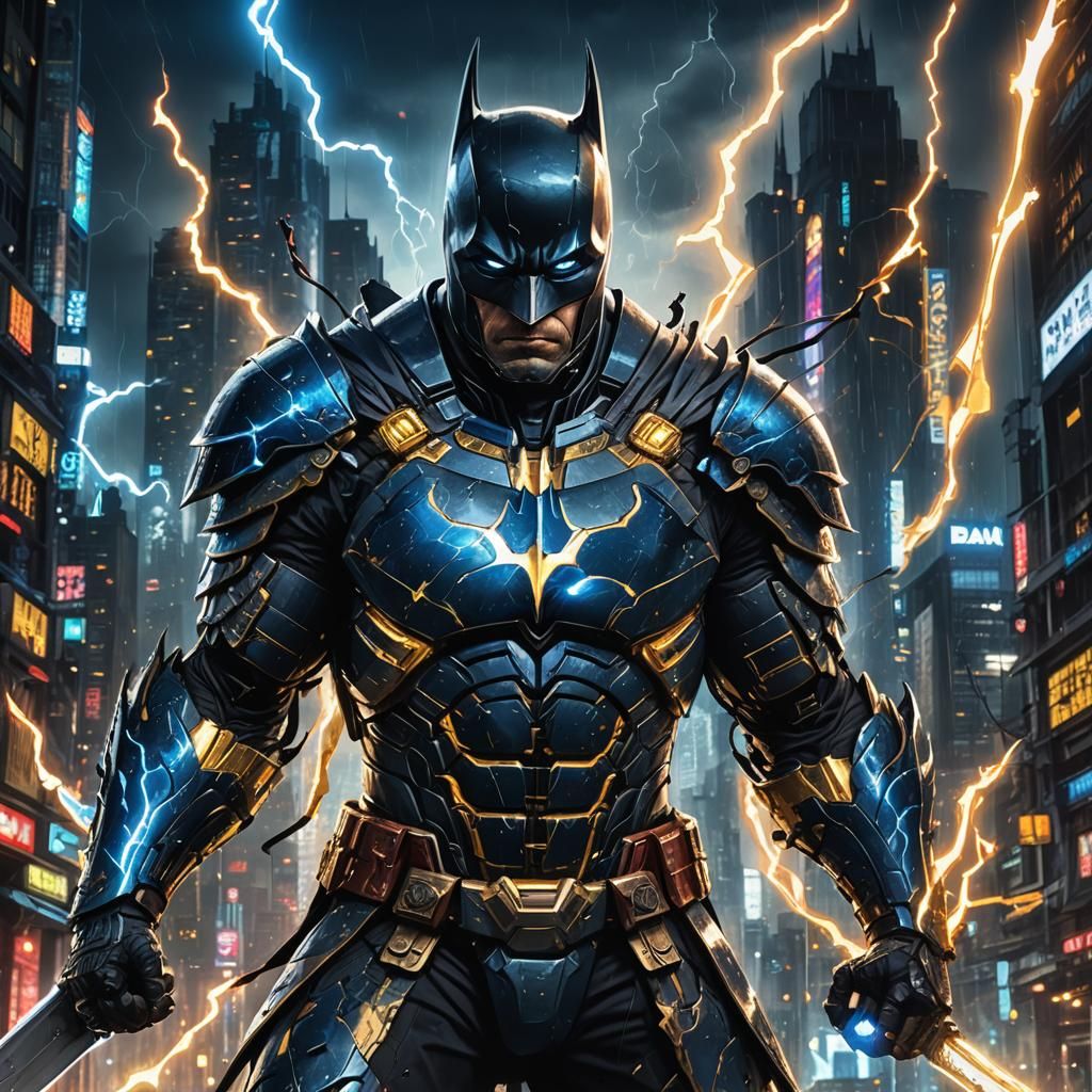 Batman Samurai Armor in Quantum City: Dark Fantasy Art