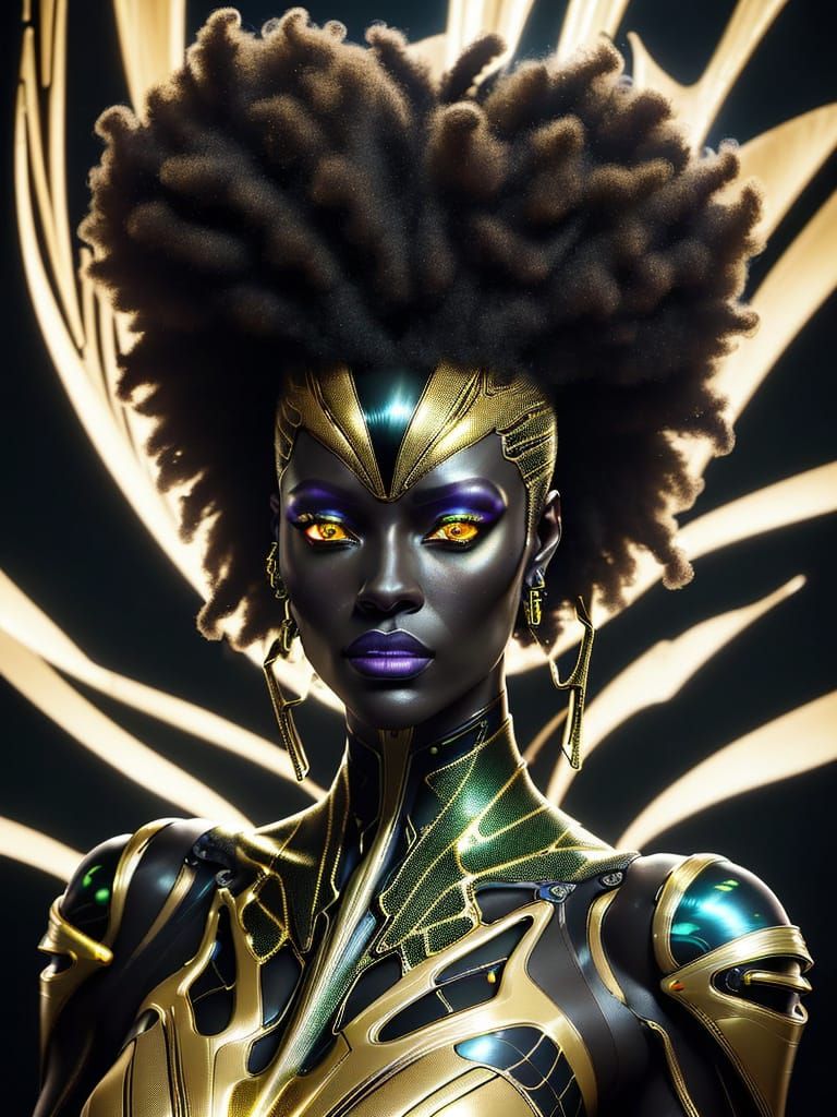 Cybernetic Afro-Futuristic Portrait with Metallic Accents