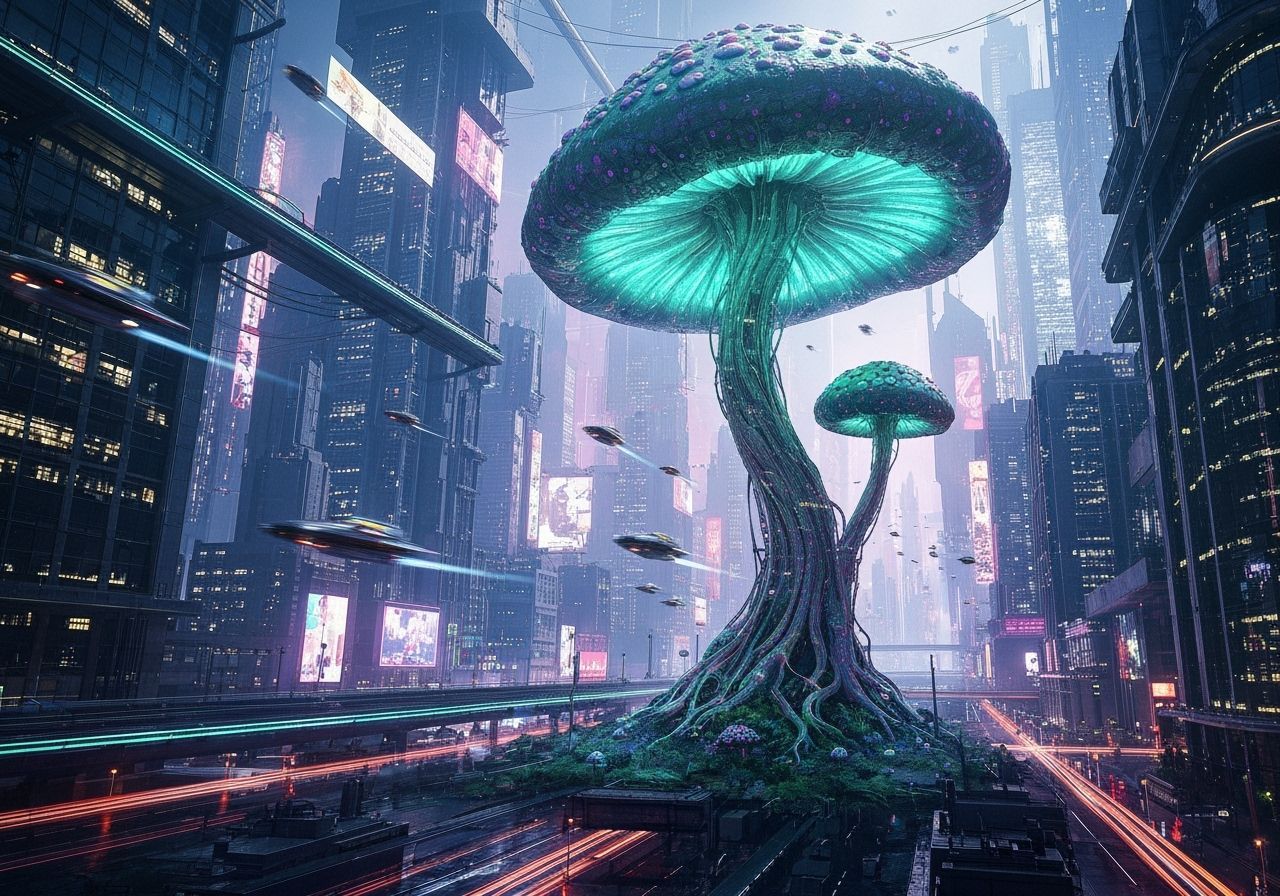 Bioluminescent Mushroom Dominates Futuristic Cityscape