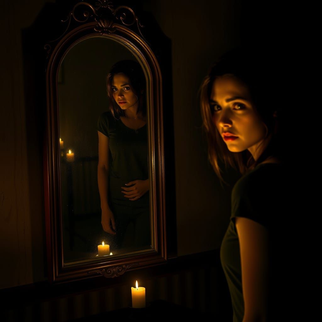 Surreal Mirror Confrontation in Amber Candlelight
