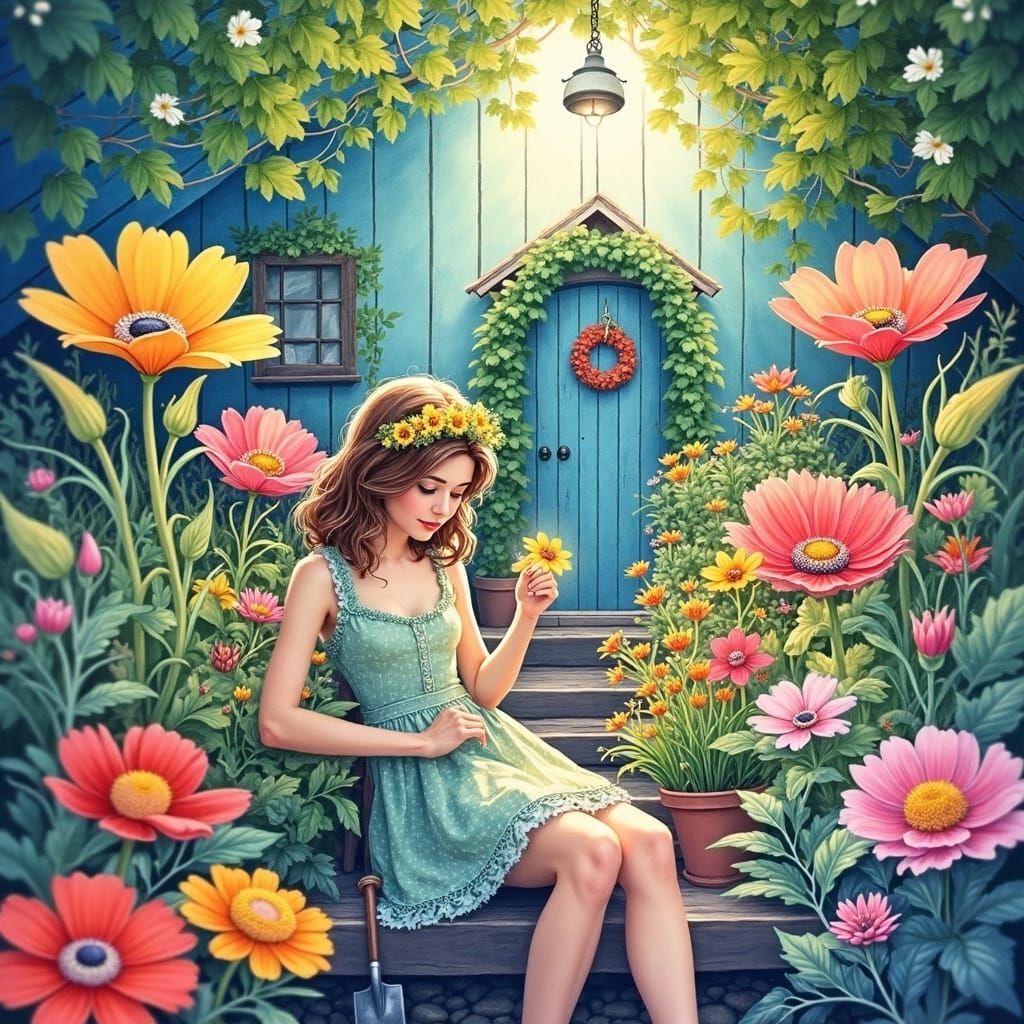 Whimsical Garden Sanctuary in Watercolor Style