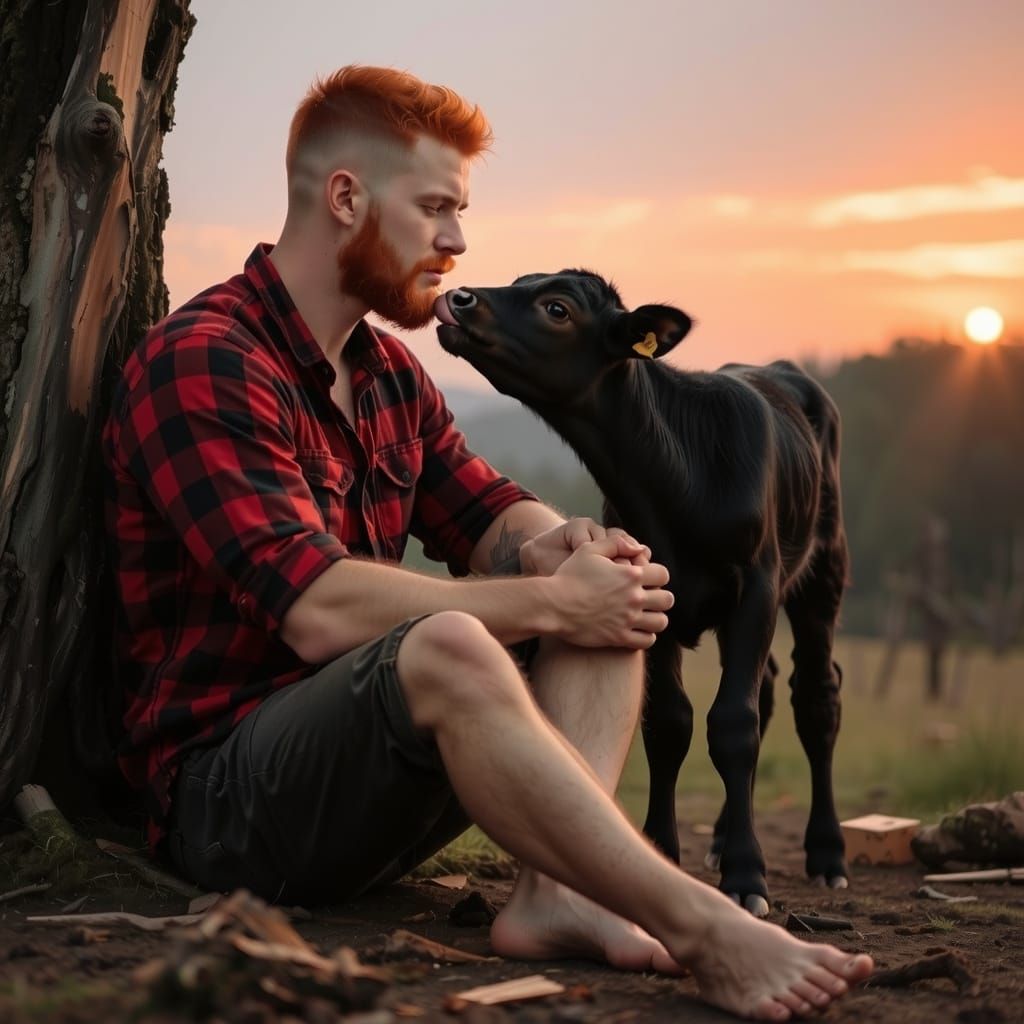 Lumberjack Cradles Calf at Dusk with Sunrays