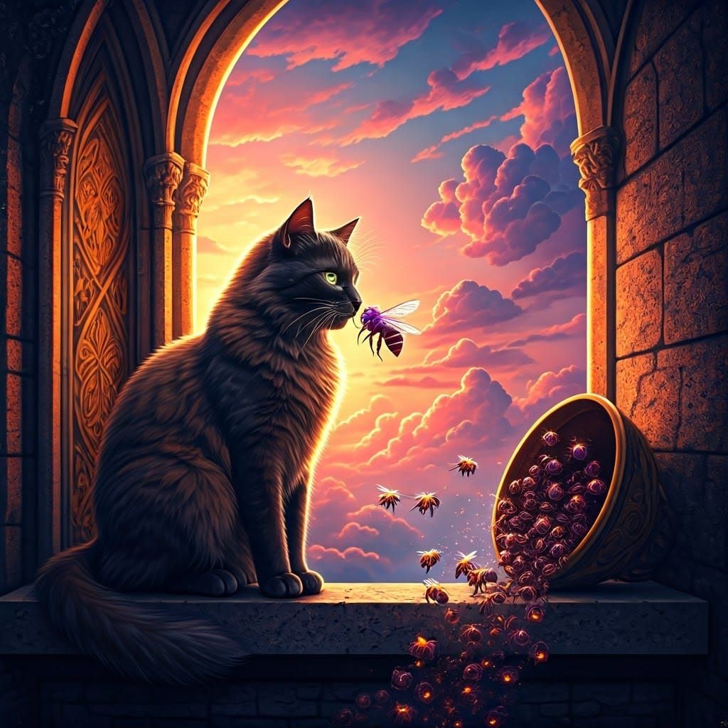 Regal Cat Encounters Magical Bee in Whimsical Castle Scene