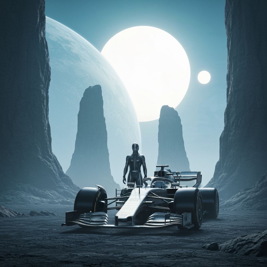 Formula One Car on Alien Planet in Hyperrealistic Style