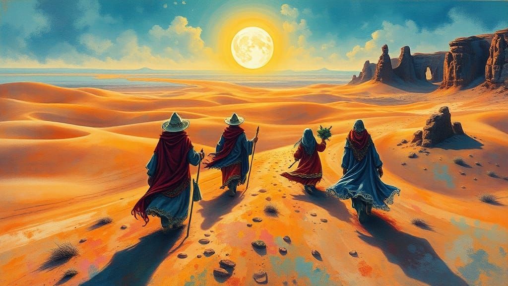 Gypsies' Desert Trek in Hyperdetailed Watercolor Style