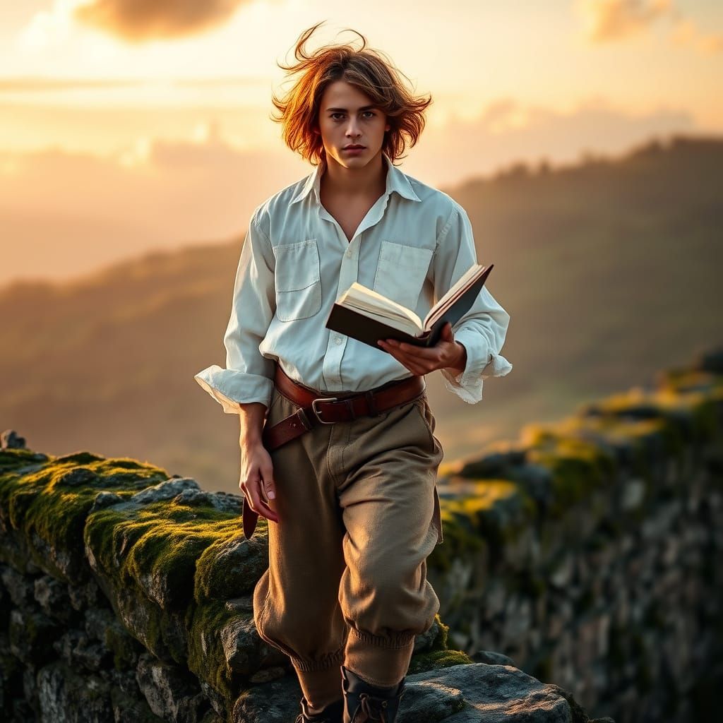 Heroic Youthful Adventurer on Ancient Stone Wall