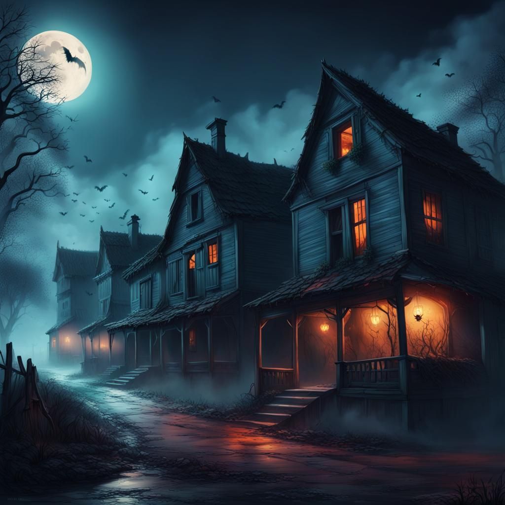 Foggy Haunted Village at Night: Hyperrealistic Horror