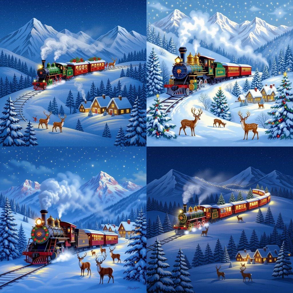 Christmas Train Descends Snowy Mountain with Deer and Villag...