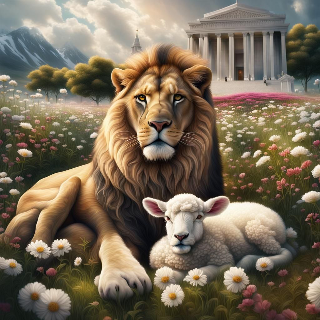 Lion and Lamb in Flower Field