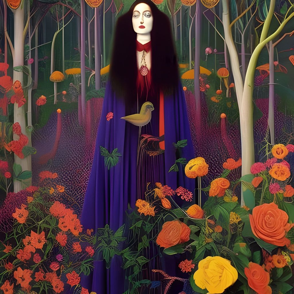 Psychedelic Pre-Raphaelite Forest Portrait in 1960s Style