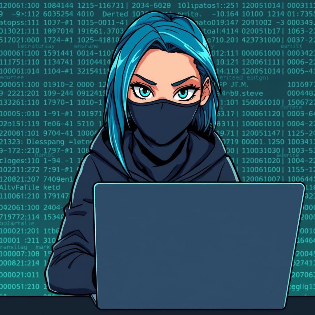 Cyberpunk Cartoon: Young Woman Coding with Blue Hair