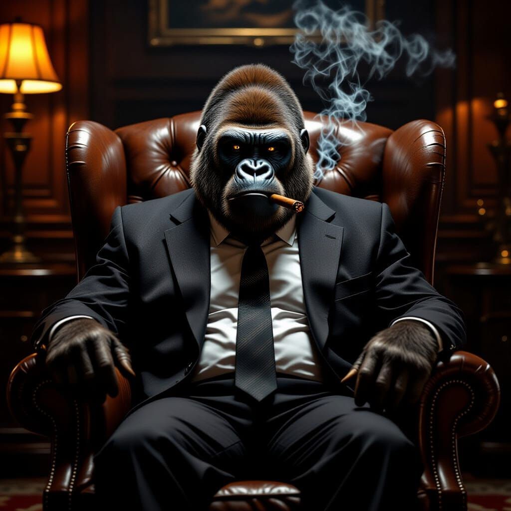 Gorilla in Suit Sits in Armchair, Smoking Cigar