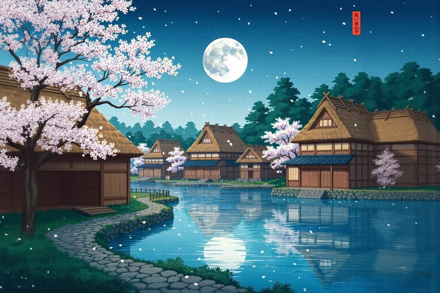 Moonlit Japanese Village by Tranquil Lake in Woodblock Print...