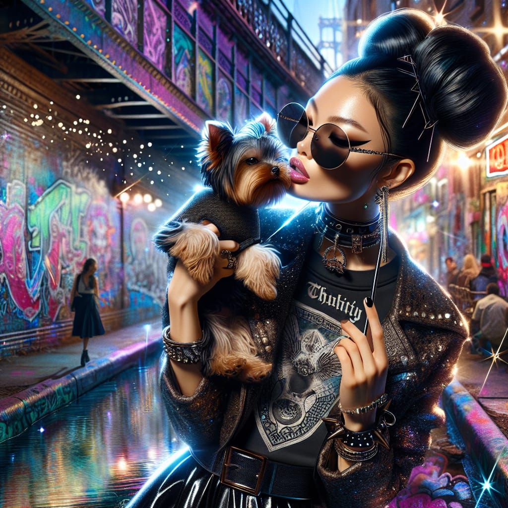 Steampunk Woman Kissing Puppy in Graffiti Stream