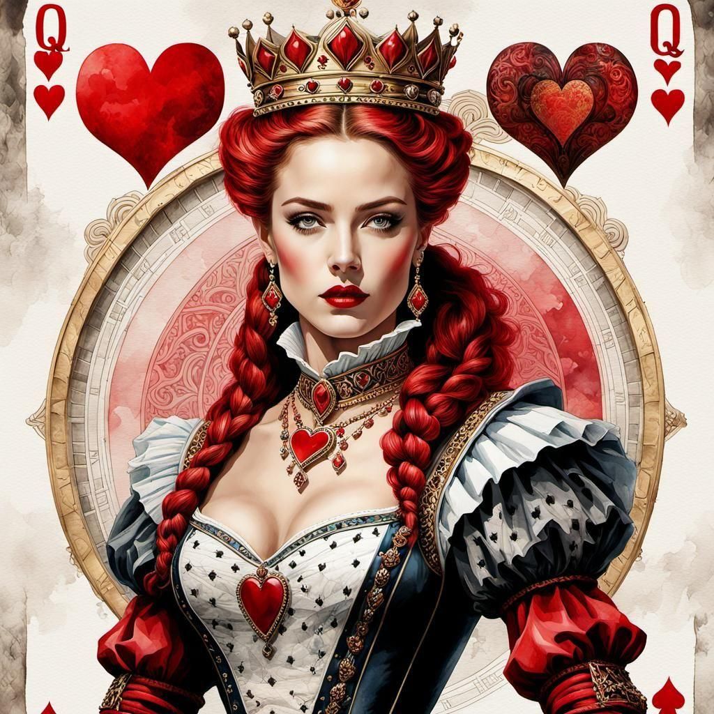Queen of Hearts Portrait in Watercolor Wash Style