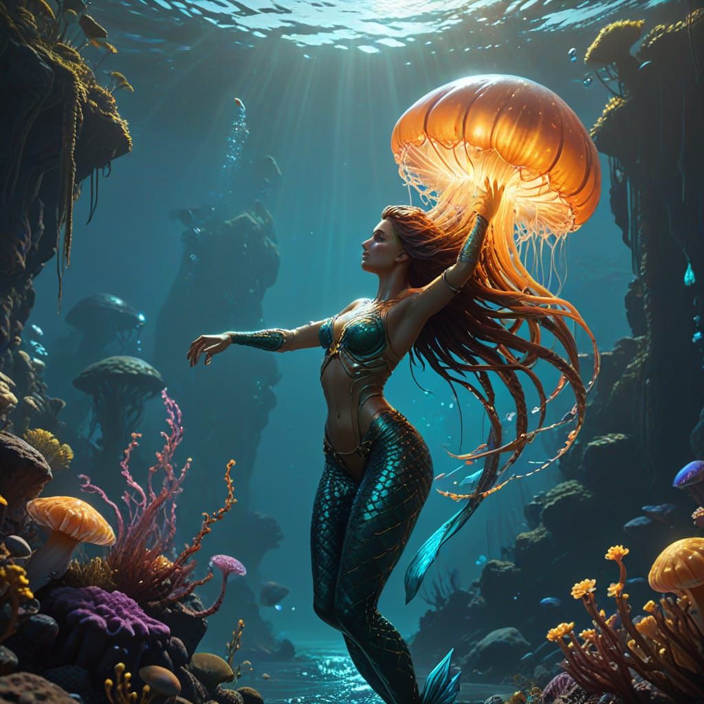Mermaid and Jellyfish in Bioluminescent Harmony