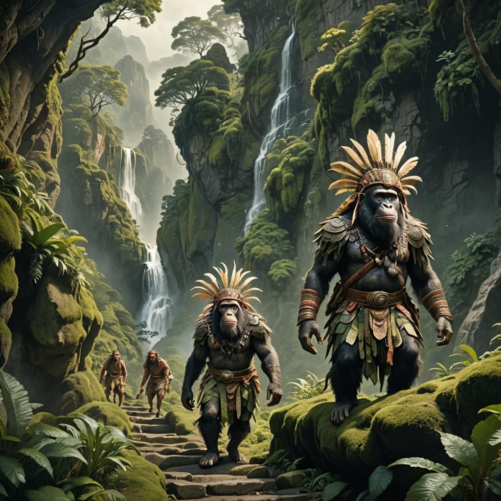 Apes Navigate Misty Mountain Path in Fantasy Concept Art