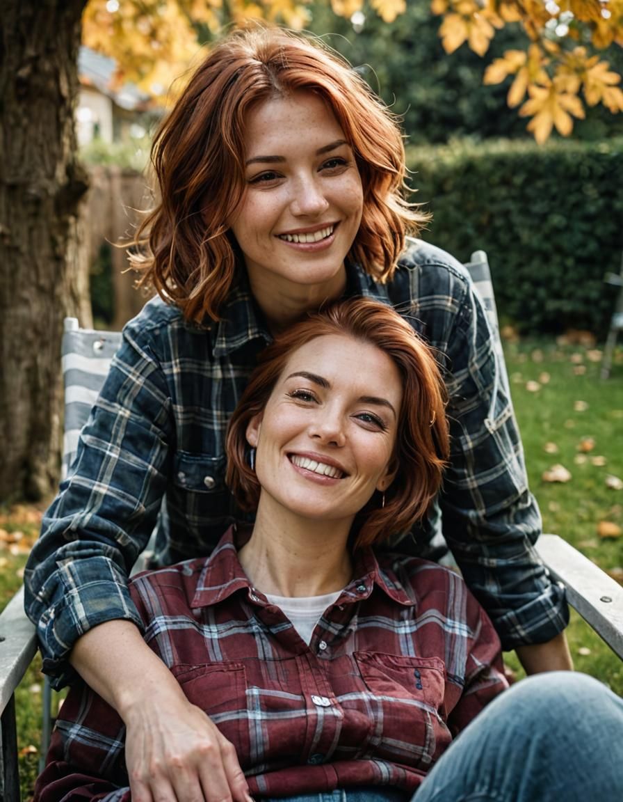 Smiling Women Share a Kiss in Autumn Portrait