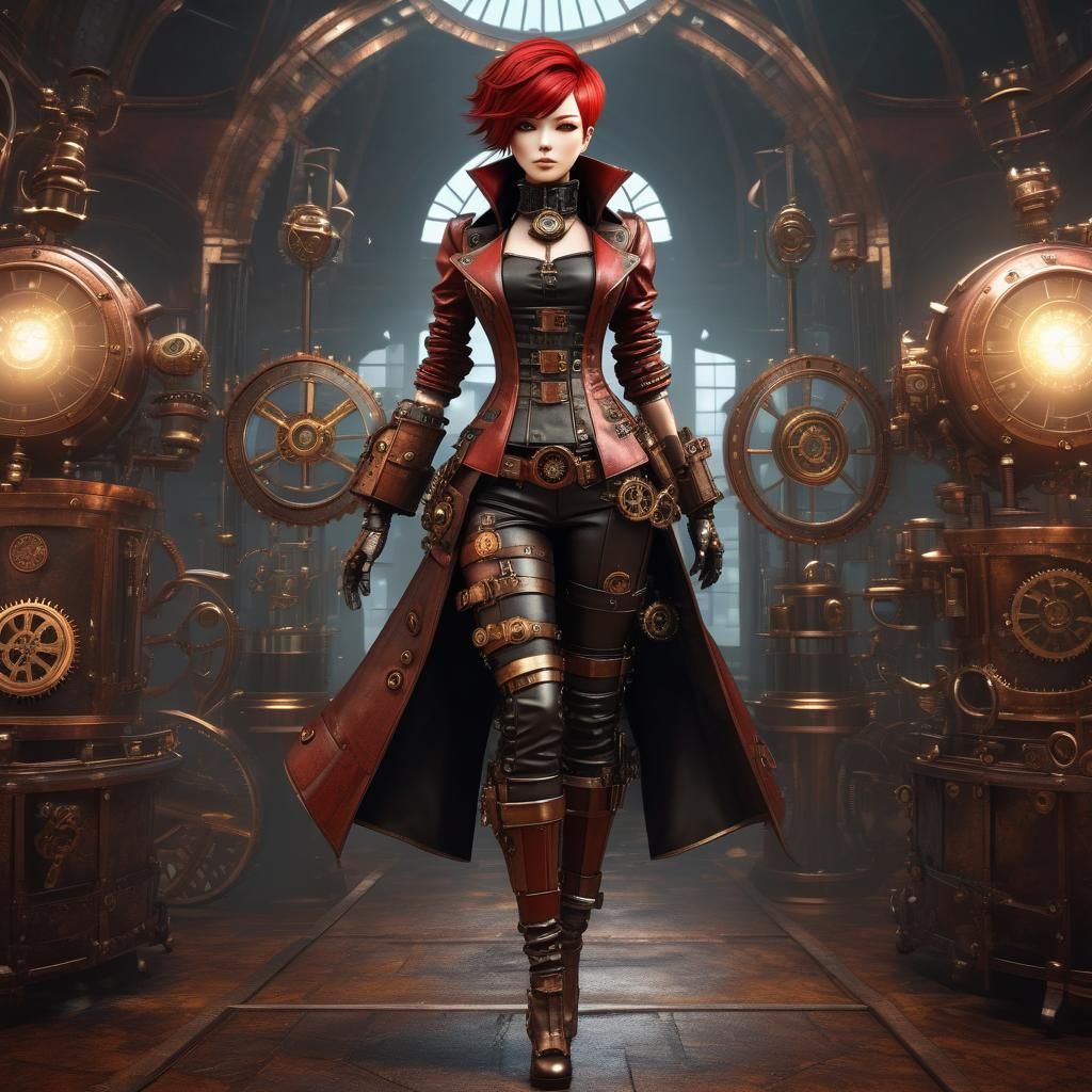 Anime Steampunk Girl in Leather Outfit: 3D Render
