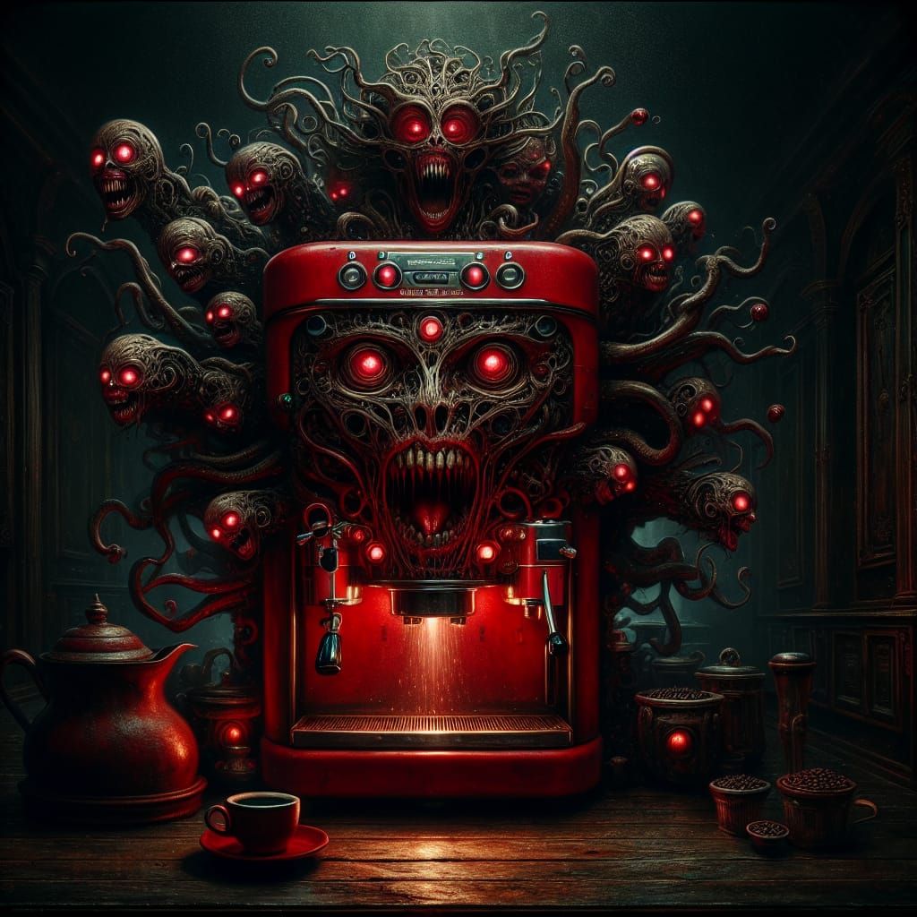 Eerie Red Coffee Machine in Dreamscape Kitchen