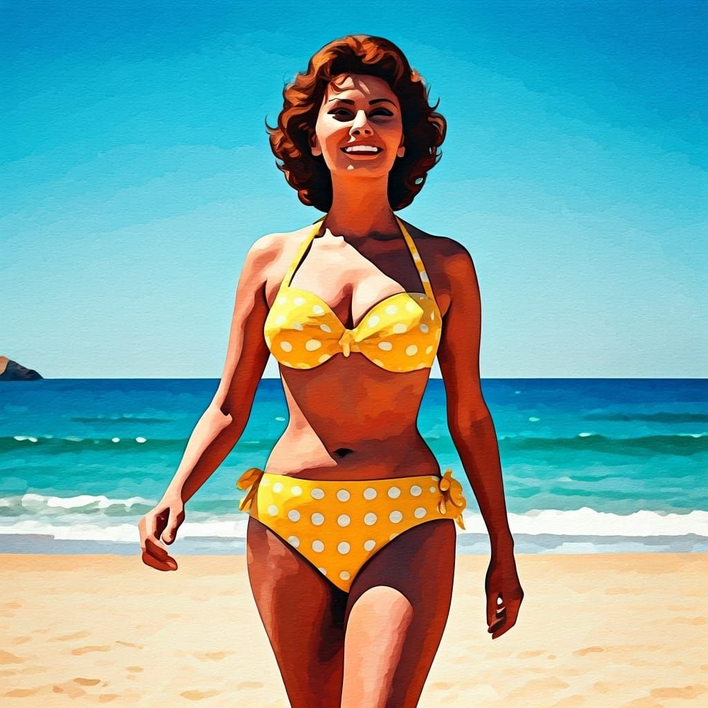 Sophia Loren Watercolor Painting in Retro Style