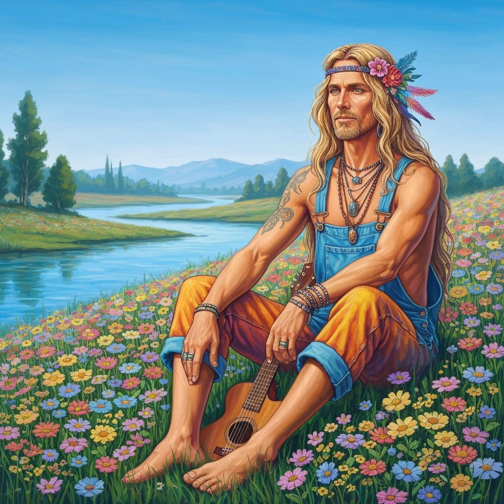 Bohemian Man with Guitar in Wildflower Field Painting