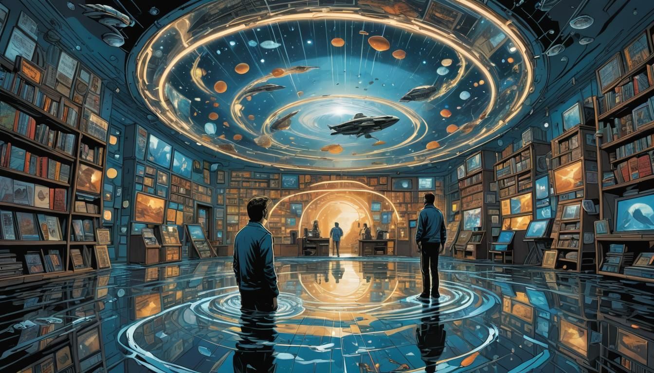 Surreal Comic Book Scene with Mirrored Shop