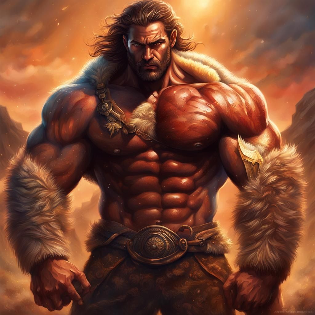 Tribal Barbarian Confronts Magic Sausage, Detailed Matte Pai...