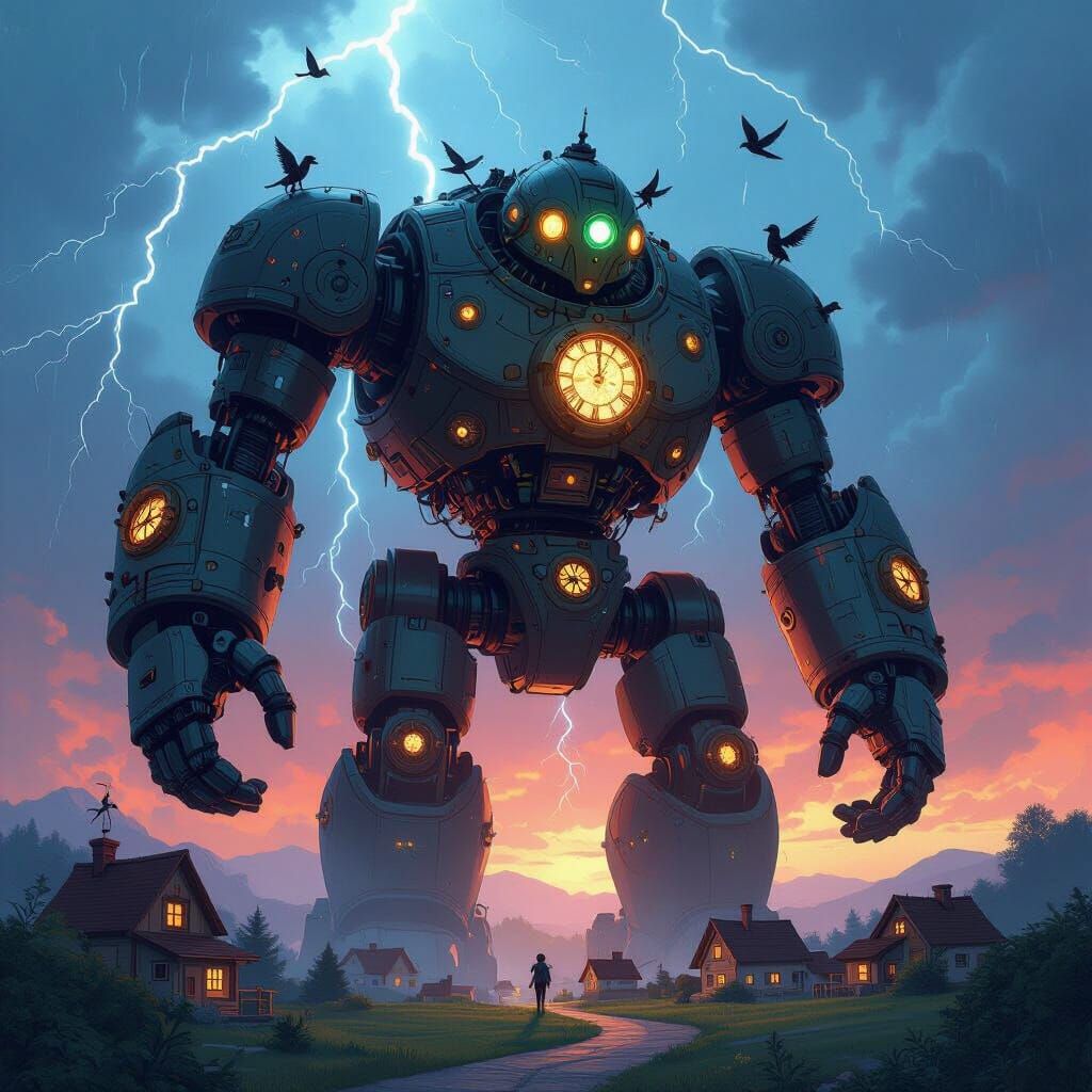 Steampunk Golem Protecting Village from Storm