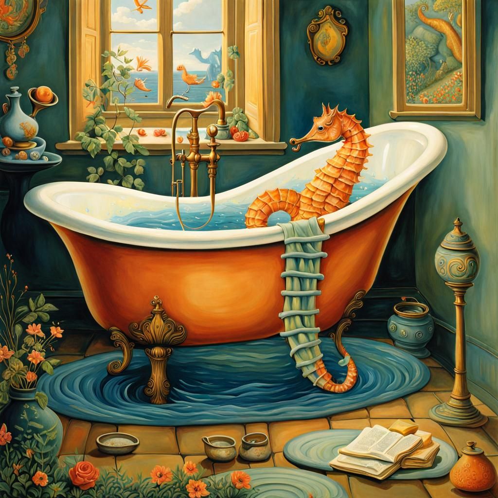 Whimsical Seahorse Taking a Bath: Surreal Art