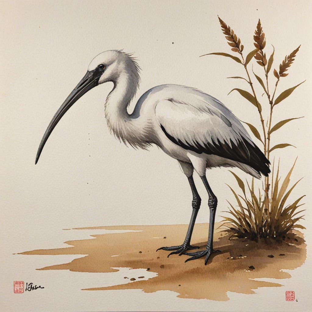Ibis Amidst Shell Art in Traditional Japanese Style