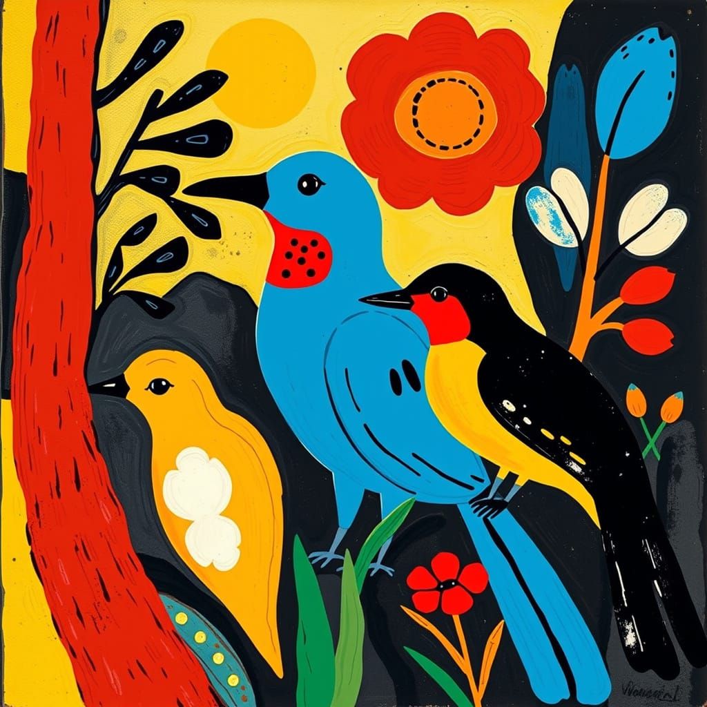 Expressive Gouache Artwork Depicting Birds in Folk-Art Style