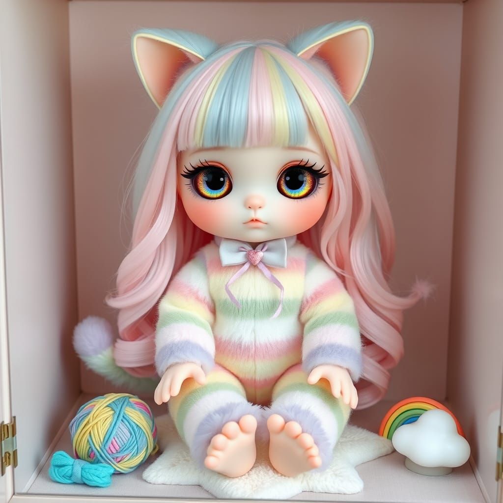 Rainbow Tabby Cat Kawaii Doll in Display Box