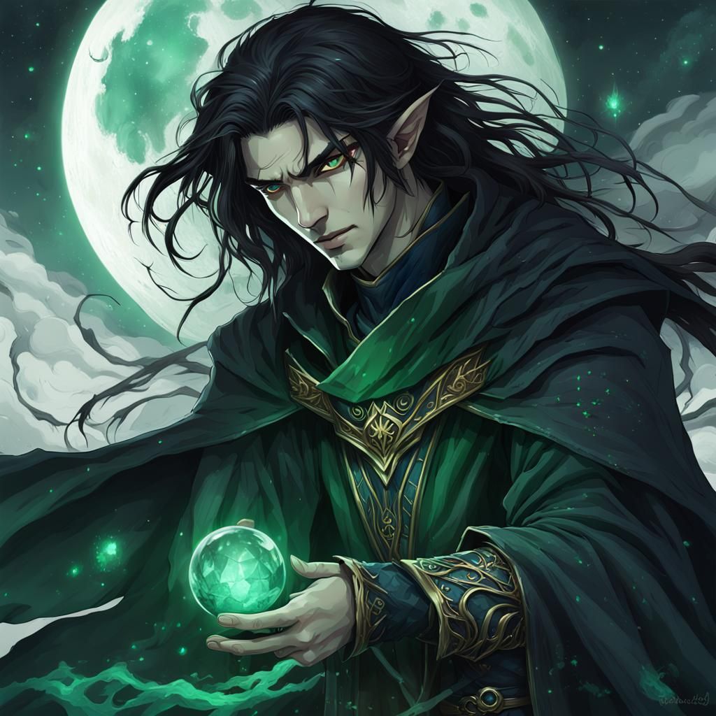 Young Moon Elf Sorcerer in Black Robes