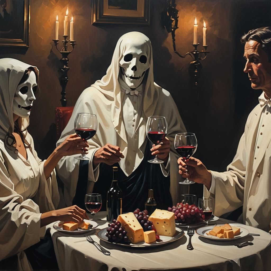 Ghosts' Wine Night: Vettriano-Style Oil Painting