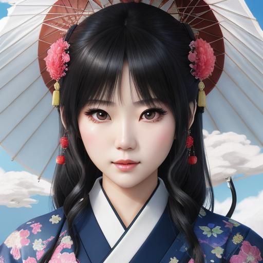 Japanese Noble Woman with Parasol: Anime Illustration