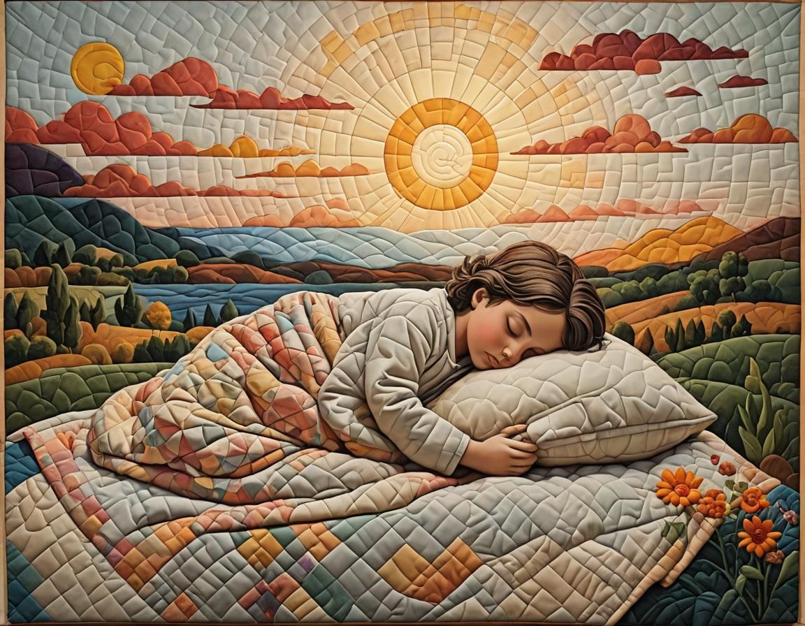 Quilted Sunset Scene of Sleeping Child